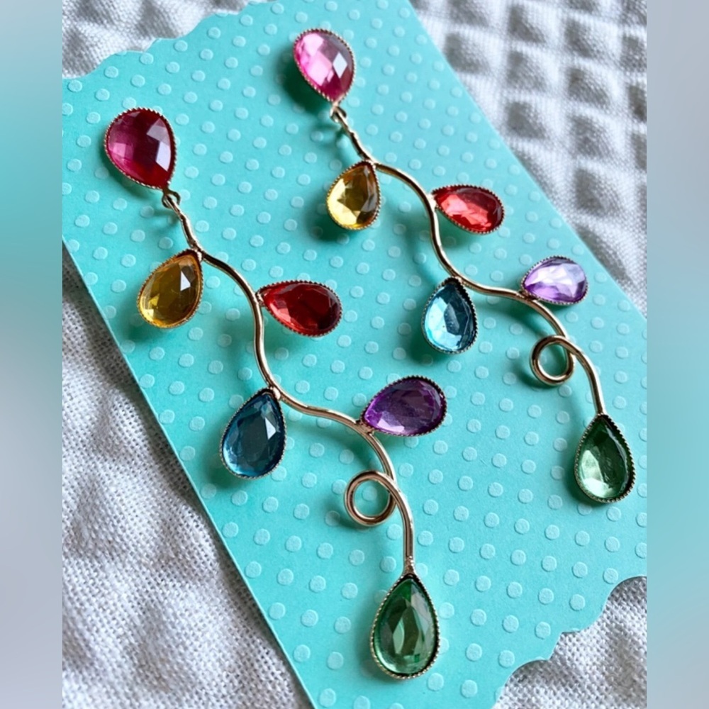 New Christmas Lights Style Pink Purple Multicolor Crystal Earrings - 3.75” - Picture 3 of 5